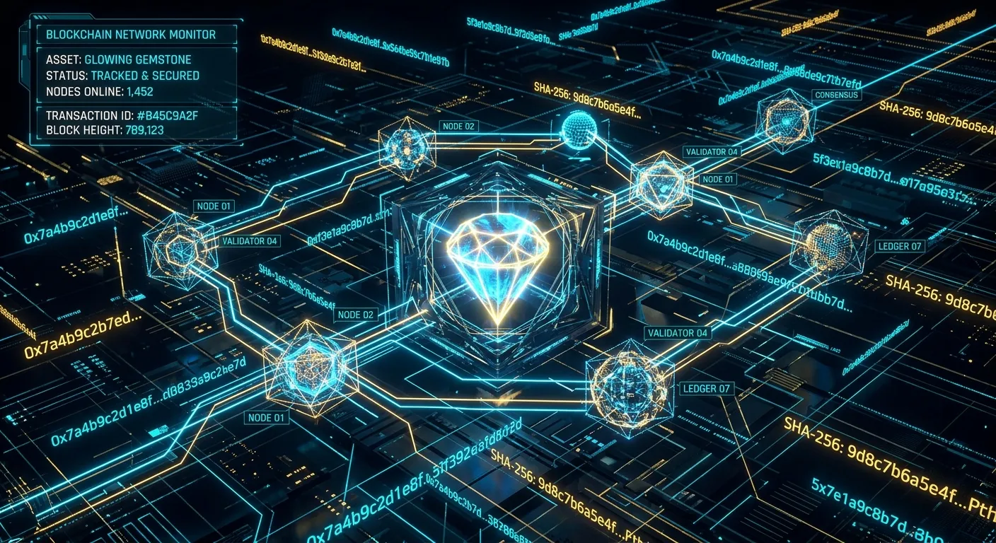 Digital visualization of blockchain nodes tracking gemstone provenance
