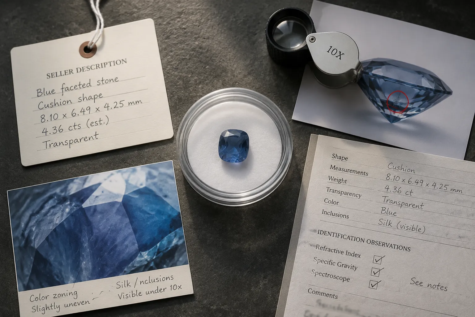 Gemstone specimens and listing labels illustrating separate questions about material, construction, treatment, and supporting evidence