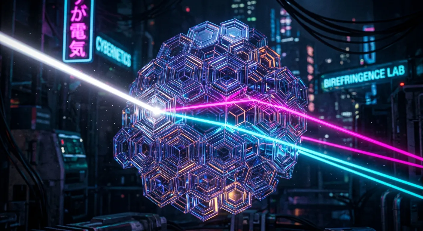 Macro visualization of light splitting into two distinct rays through a hexagonal crystal lattice, demonstrating birefringence