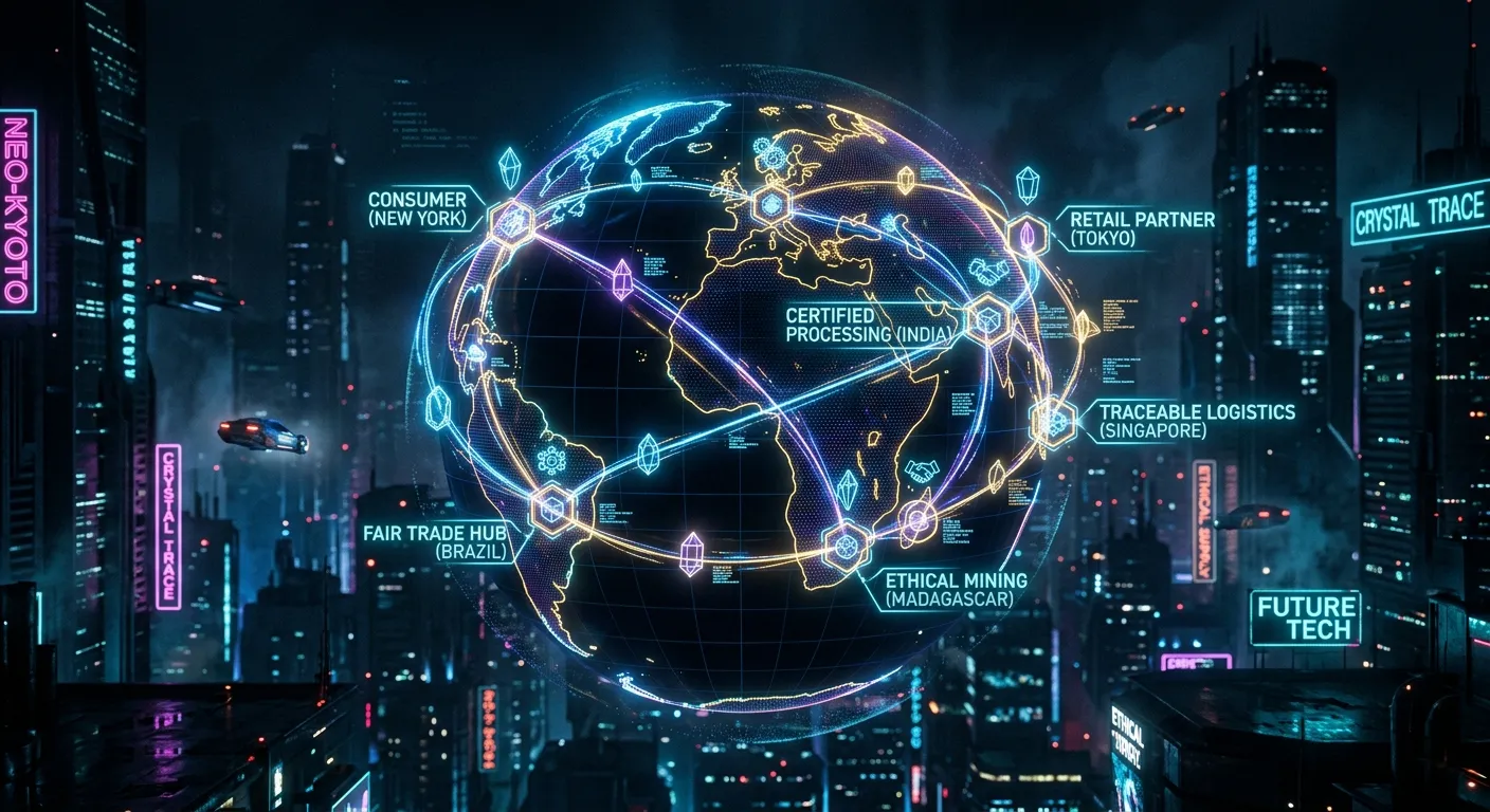 Abstract visualization of ethical crystal sourcing and global supply chain