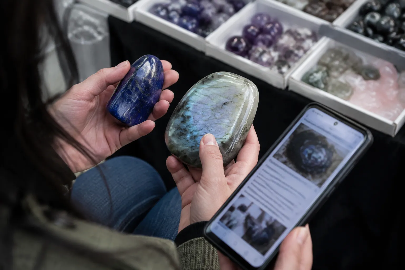 A shopper comparing two stone specimens with an online listing before deciding whether to buy