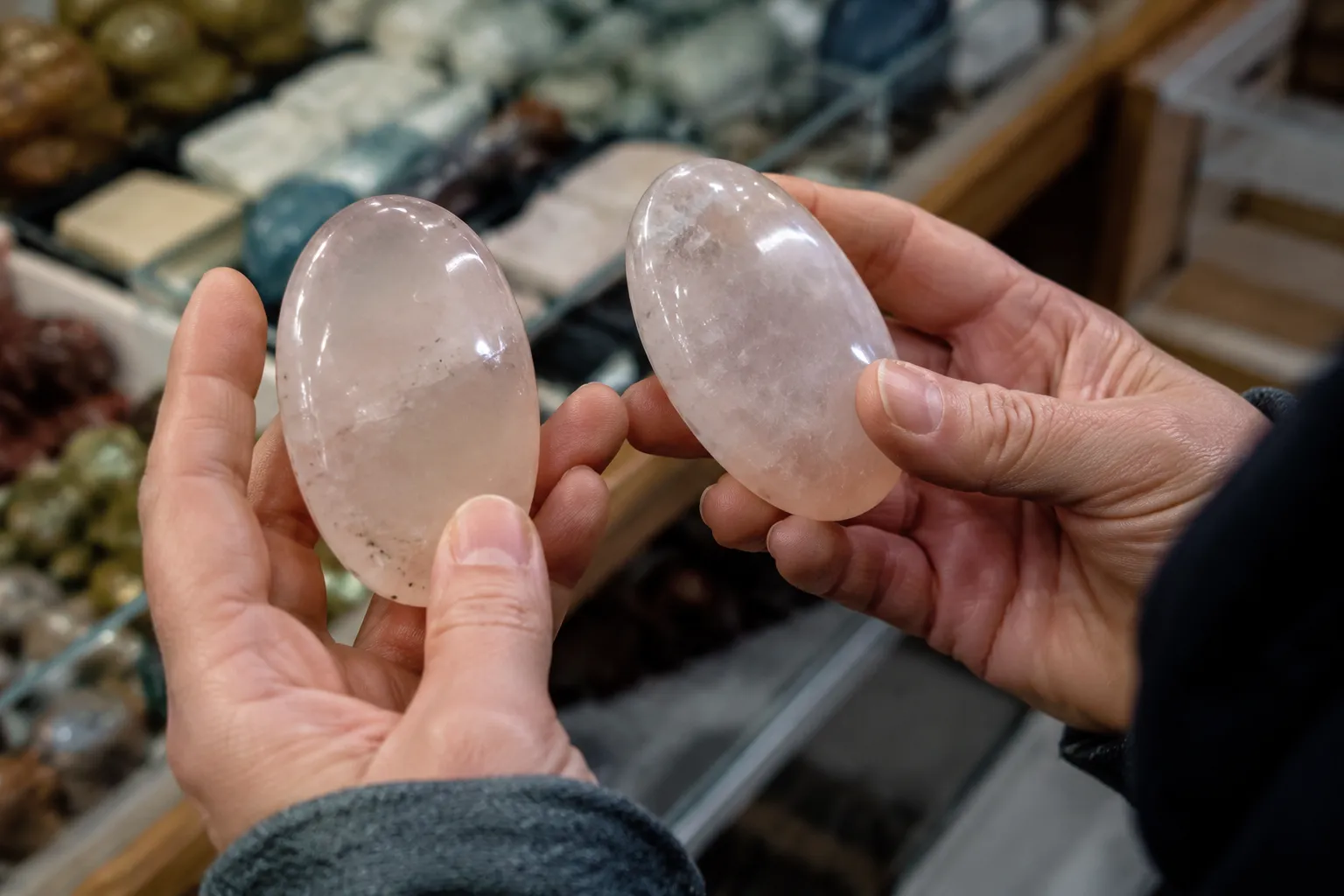 A hand comparing two similar polished stones under neutral daylight, with differences in clarity and inclusions visible