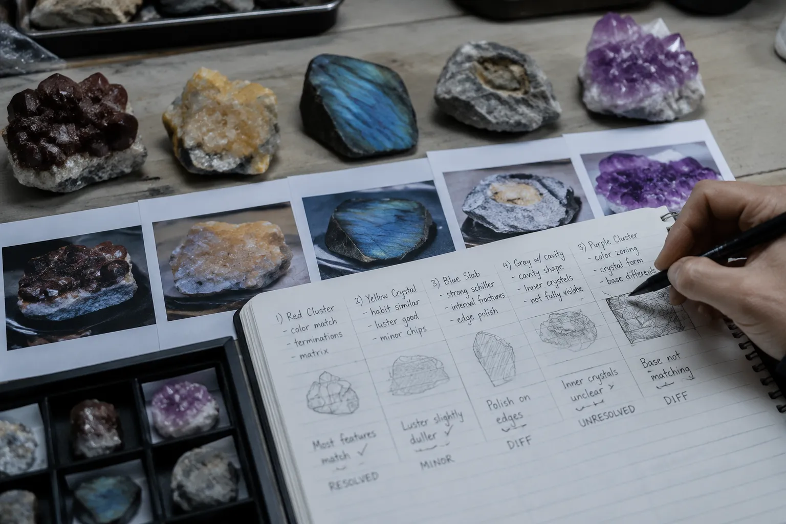 Mineral specimens being compared with seller photographs and annotated observation notes