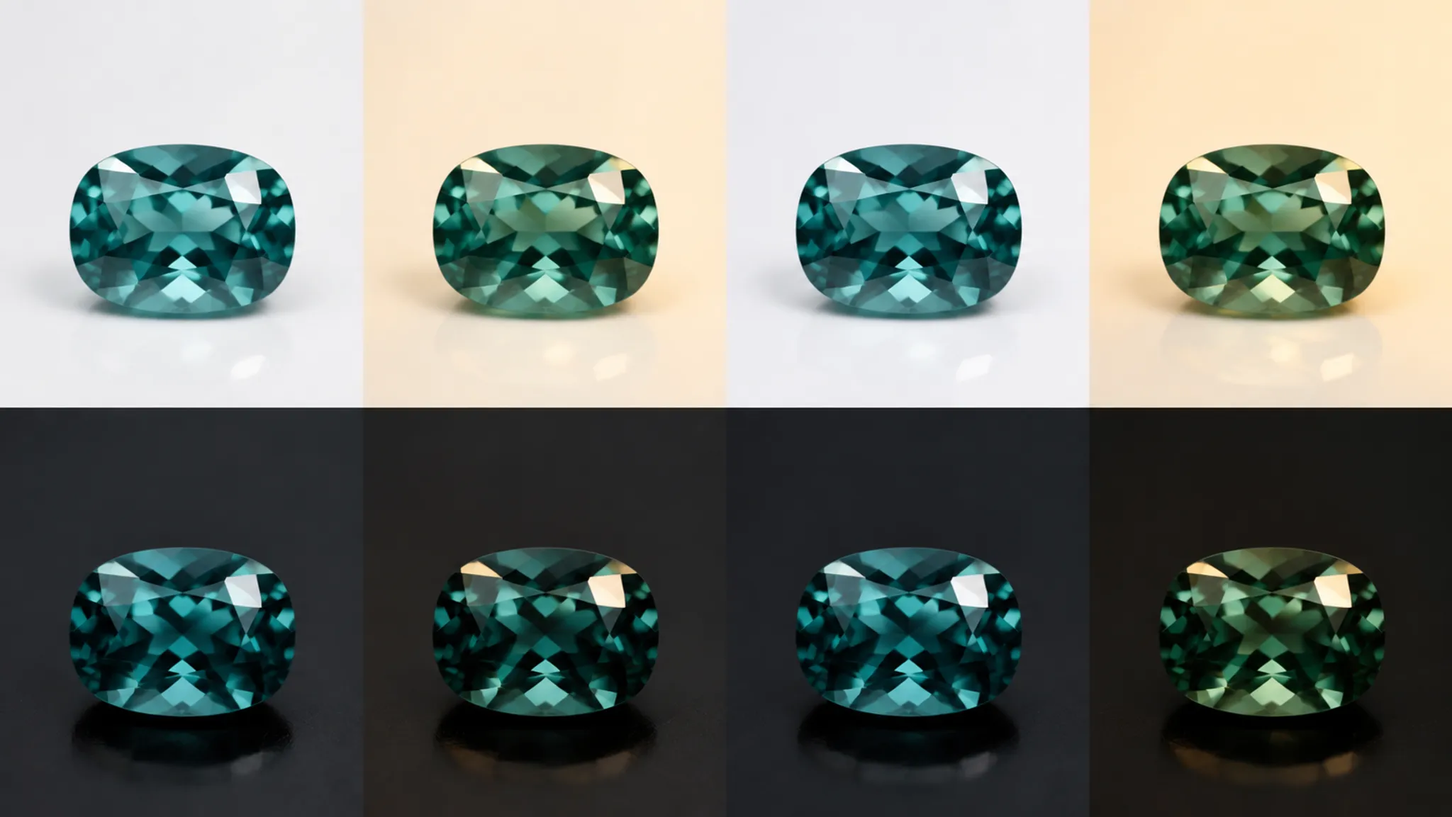 Gemstone photographed under controlled neutral and warm lighting with light and dark backgrounds