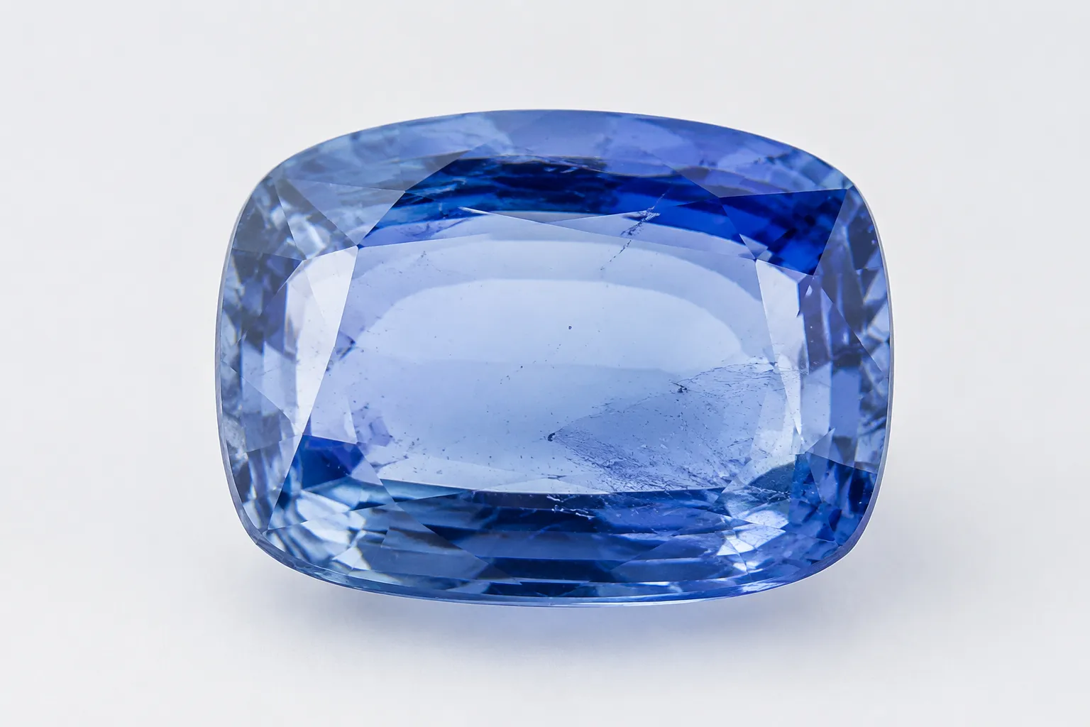 Close macro view of a blue gemstone showing a darker band and lighter central color distribution