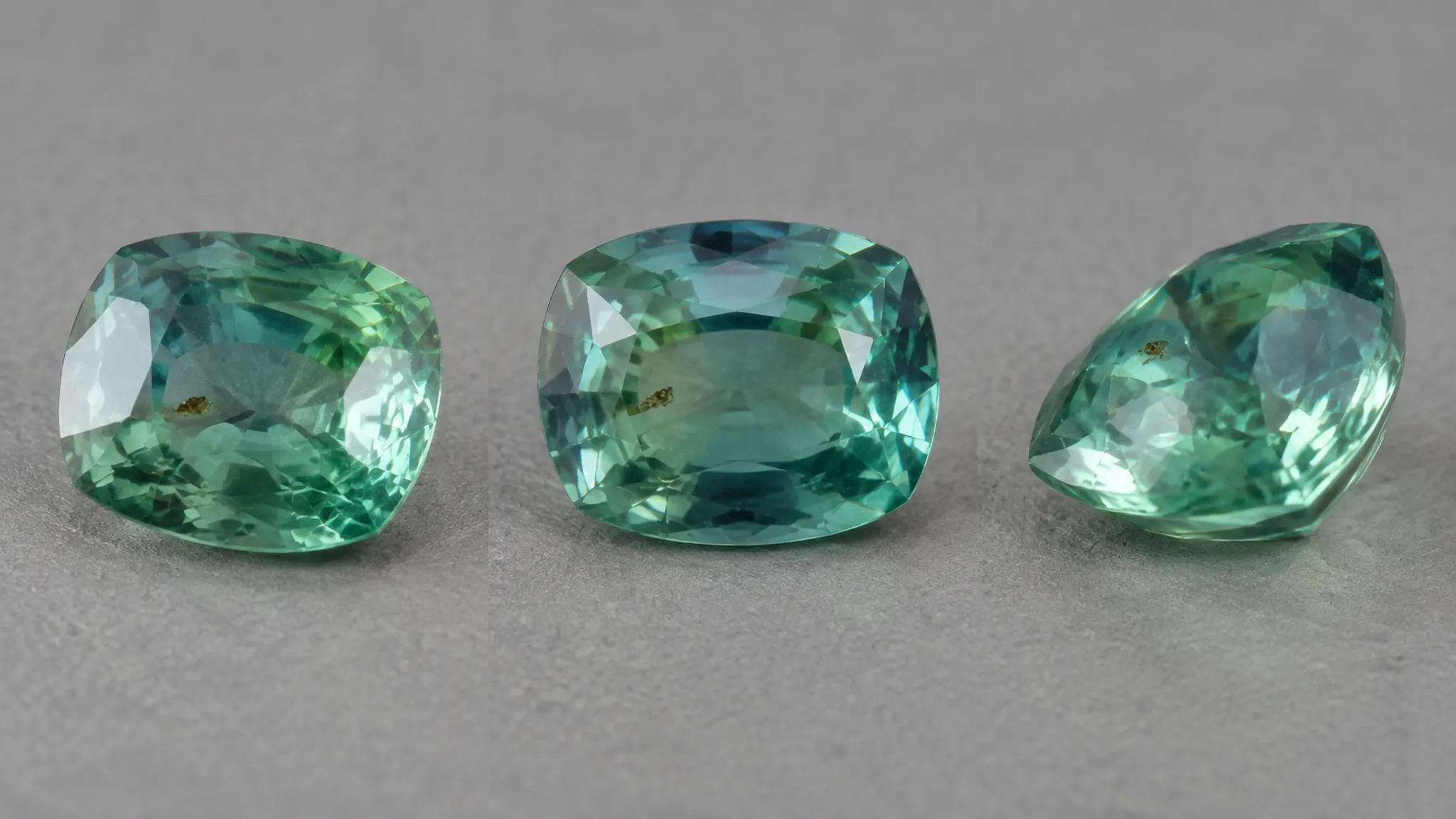 Several orientations of the same faceted gemstone with one inclusion used as a fixed reference point