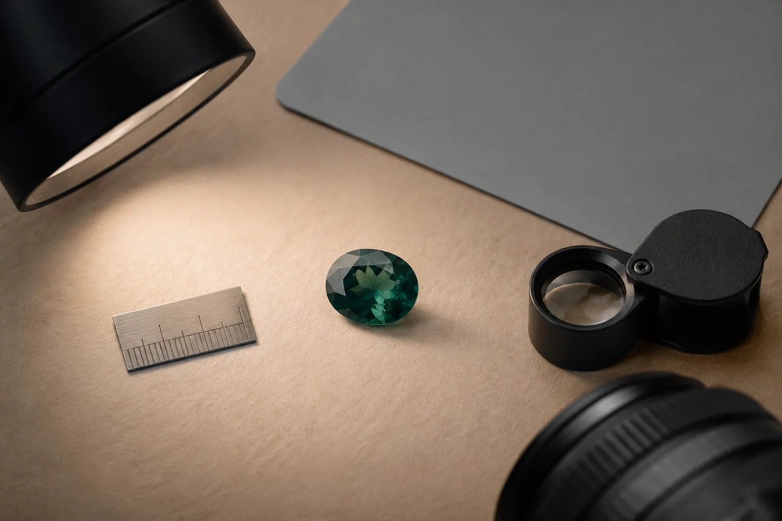 Gemstone photography setup with a loose stone, neutral background, scale reference, and controlled directional lighting