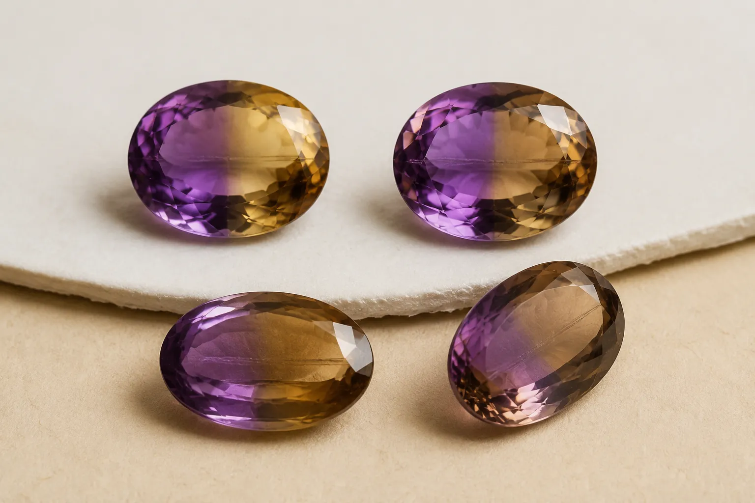 Close comparison of a polished gemstone from multiple angles with color zoning and a fine internal line visible