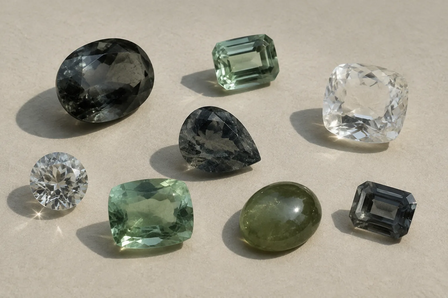Several loose gemstones viewed on neutral paper under directional light, showing varied color bands and internal features