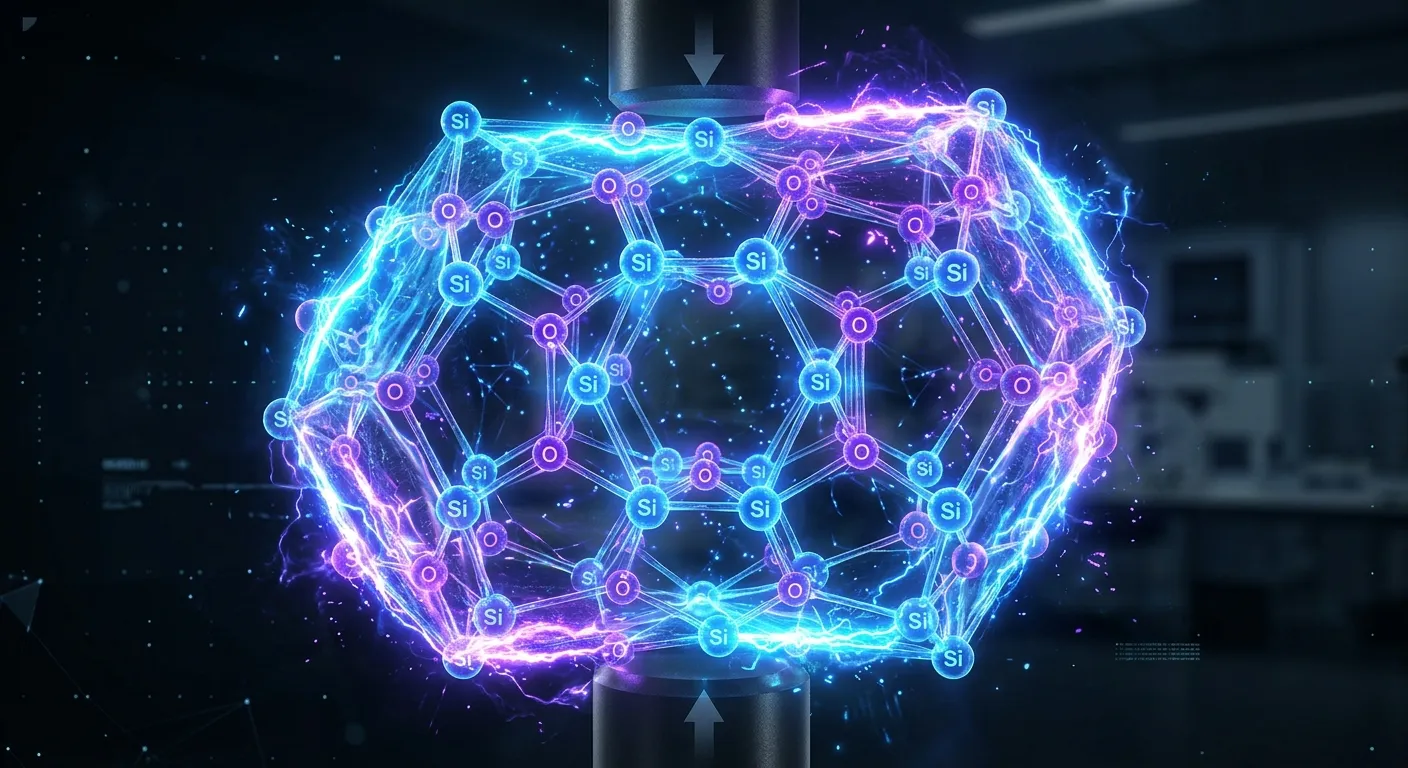 Abstract 3D visualization of the piezoelectric effect showing mechanical stress inducing electrical charge in a quartz crystal lattice
